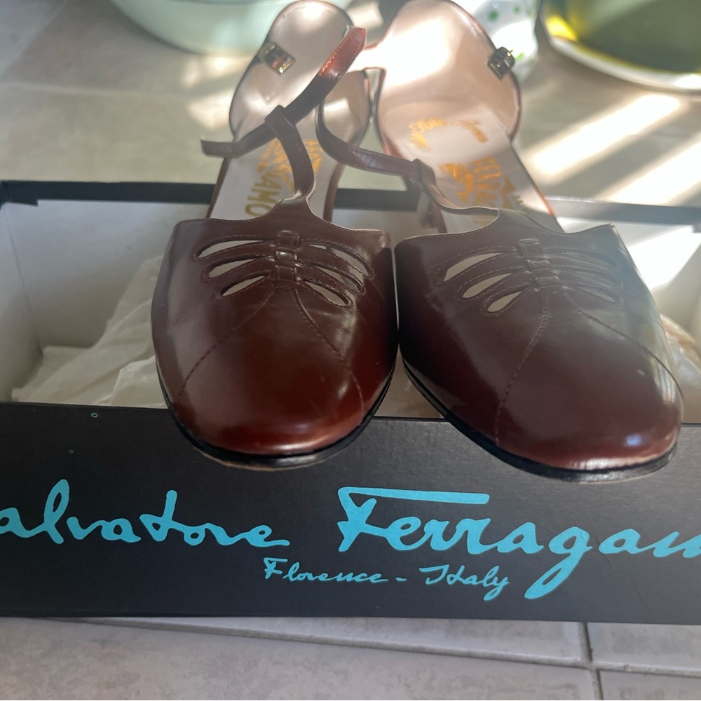 Salvatore Ferragamo Brown Leather T-Strap Heels